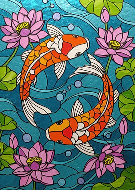 Koi Fish and Lotus Stained Glass
