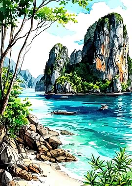 Tropical Island Watercolor Painting