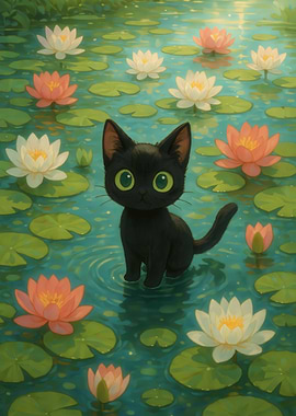 Black Cat in Lily Pond