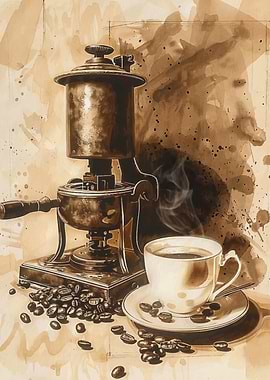 Vintage Coffee Maker and Cup Painting