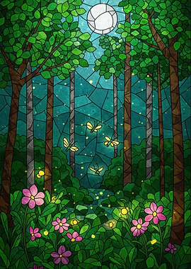 Stained Glass Forest with Fireflies