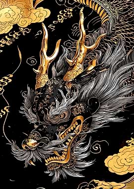 Golden Dragon on Black Background