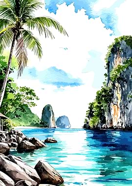 Watercolor Tropical Beach Paradise