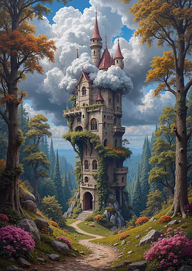 Fantasy Castle in Forest with Clouds
