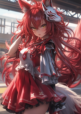 Anime Girl with Fox Mask and Ears