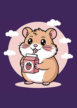 Cute Hamster Drinking Strawberry Milk