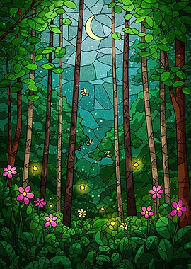Enchanted Forest Stained Glass Illustration