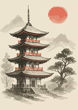Japanese Pagoda with Red Sun