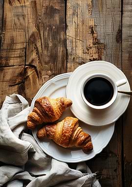 Croissants and Coffee on Rustic Wood