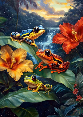 Tropical Frogs and Hibiscus Flowers