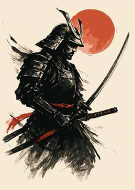 Samurai Warrior with Katana and Rising Sun