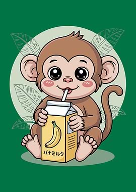 Cartoon Monkey Drinking Banana Milk