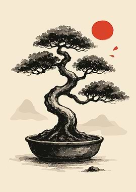 Bonsai Tree with Rising Sun