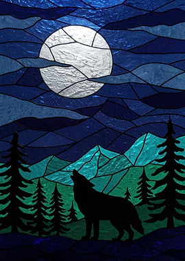 Wolf Howling at Moon Stained Glass