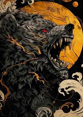 Fierce Wolf Golden Moon