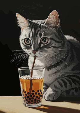 Cat drinking boba tea illustration