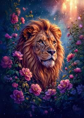 Lion in a Floral Garden