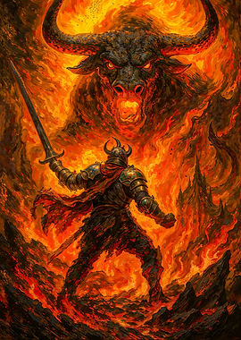 Knight Fighting Bull in Fiery Landscape