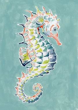 Colorful Seahorse Painting on Teal Background