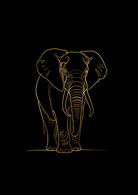 Golden Elephant Line Art on Black
