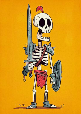 Cartoon Skeleton Warrior with Sword and Shield