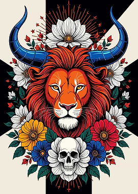 Lion with Horns and Floral Skull