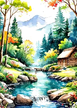 Watercolor Landscape with Cabin and Stream