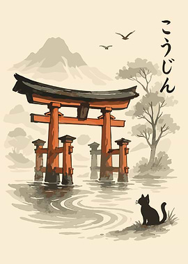 Japanese Torii Gate with Cat