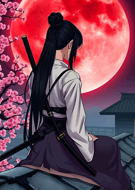 Samurai Girl Under Red Moon