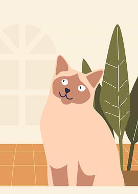 Cute Siamese Cat Illustration with Plants