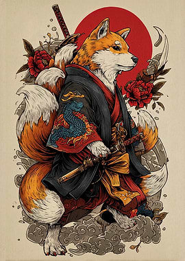 Fox Samurai with Katana and Dragon