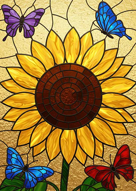Stained Glass Sunflower with Butterflies