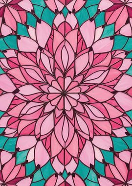Stained glass Floral Mandala Pink and Teal
