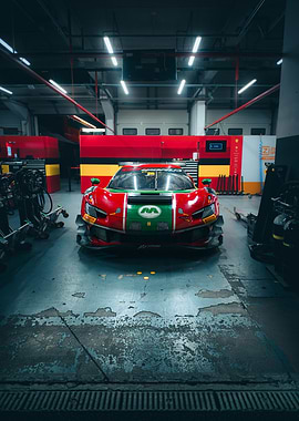 Ferrari Red and Green Racing Car in Garage
