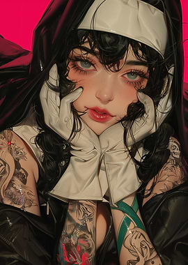 Tattooed Nun Digital Art Portrait
