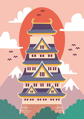 Japanese Castle with Sunset and Mountains