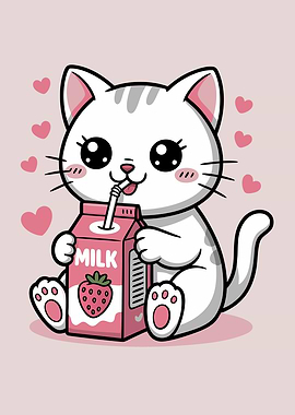 Kawaii Cat Drinking Strawberry Milk