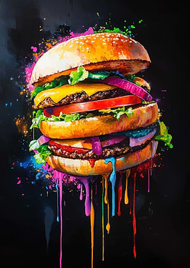 Colorful Burger Art on Black Background