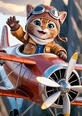 Cat Pilot in Airplane
