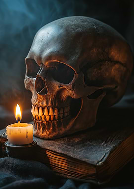 The Scholar's Candle a Skull and Old Book