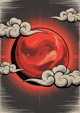 Red sun with Clouds and Rays