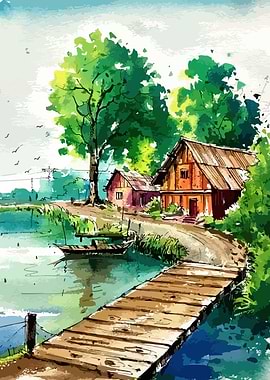 Watercolor Lakeside Cottage Landscape