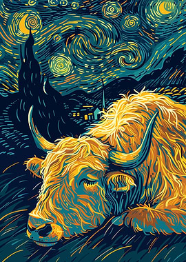 Starry Night Highland Cow