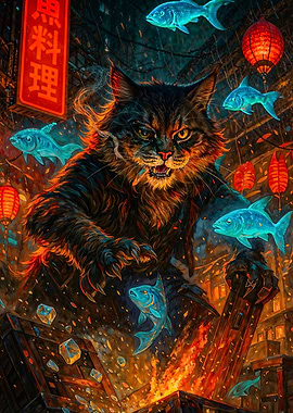 Cat Catching Fish in Japanese Setting