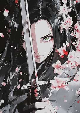 Anime Warrior with Katana and Cherry Blossoms