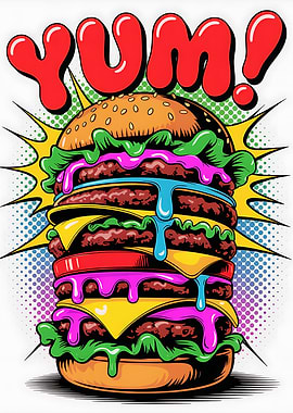 Colorful Cartoon Burger with 'YUM!' Pop art