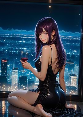 Anime Girl with Wine Overlooking City