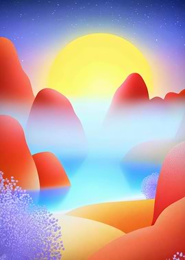 Colorful Mountain Landscape with Rising Sun