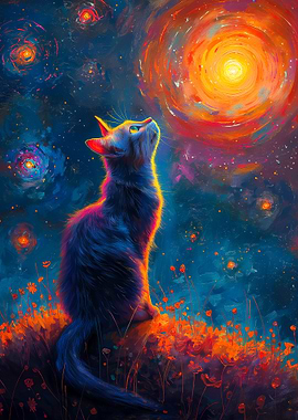 Cat gazing at a cosmic sky