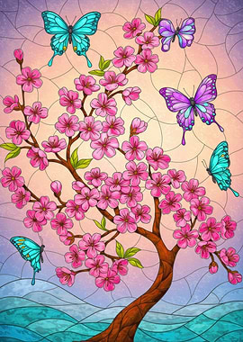 Cherry Blossoms and Butterflies Stained Glass